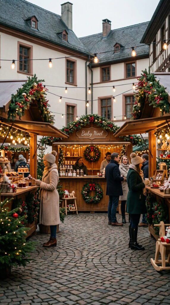A charming holiday market baby shower corner with small wooden stalls, seasonal cookies, and warm string lights