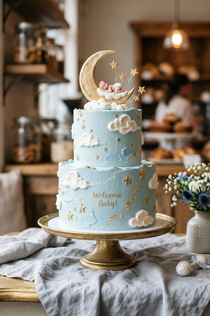 A two-tier dark blue night-sky themed cake with a golden crescent moon topper, white fondant clouds, and small gold stars scattered across the tiers