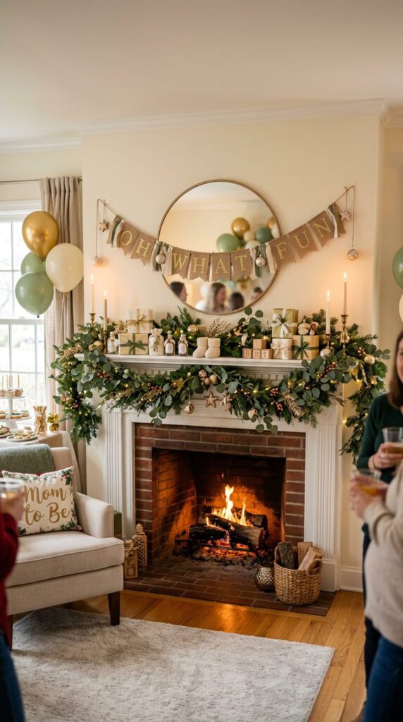A bright and colorful Christmas baby shower scene with pine tree greenery, colorful ornaments, and a festive diaper cake