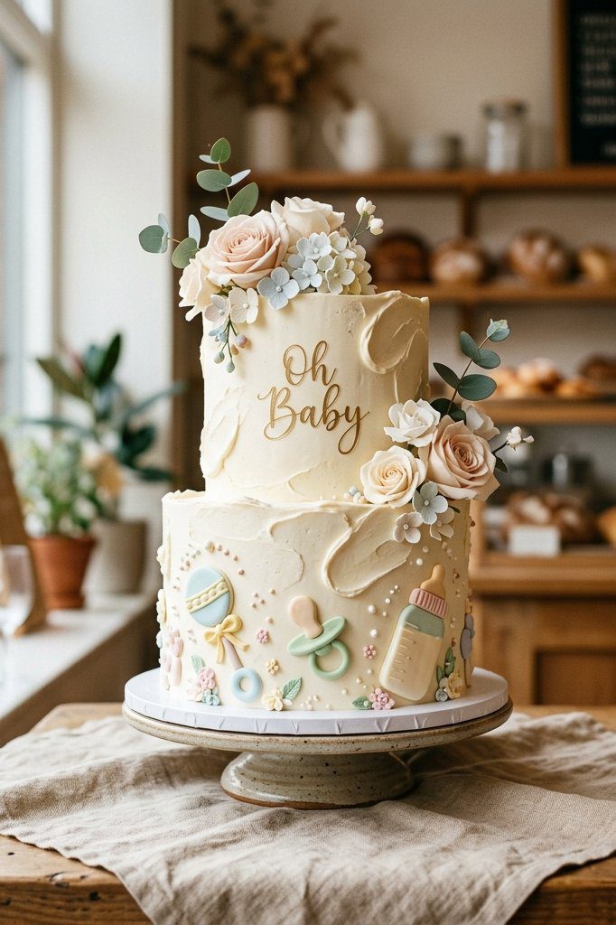 A whimsical cake designed to look like a baby bottle with pastel pink and yellow stripes and realistic fondant measuring lines