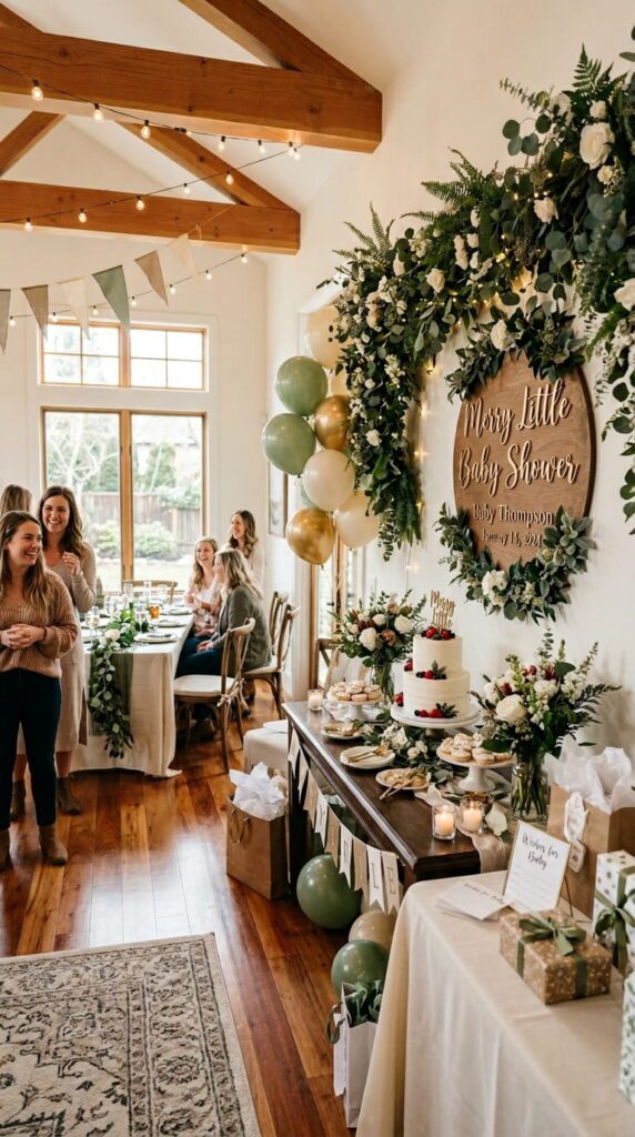 An elegant holiday baby shower dessert table featuring greenery garlands, pinecones, and white candles
