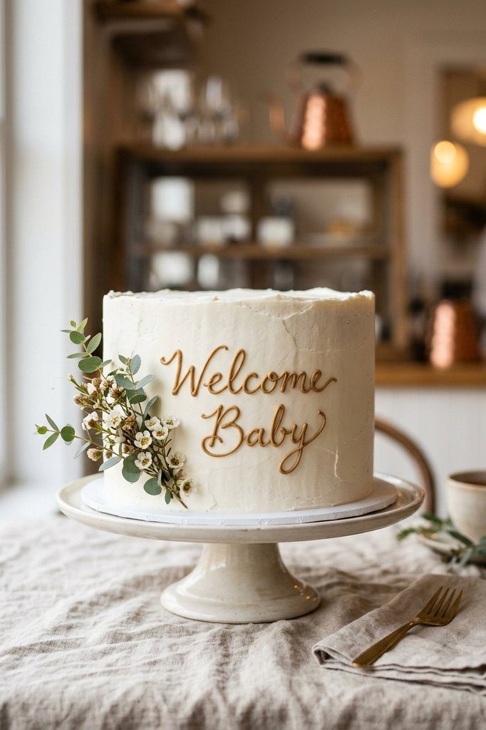 A rustic white-frosted cake with gold script reading Welcome Baby, accented by a single eucalyptus sprig on a wooden stand