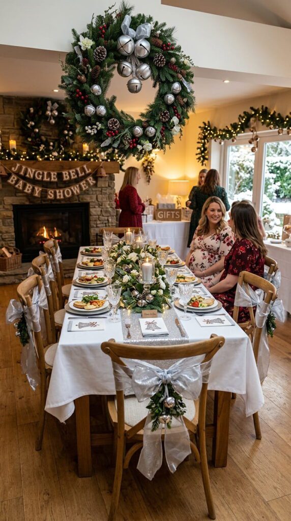 A Christmas baby shower decoration with gold bells, red ribbons, and a large holiday wreath hanging on the wall