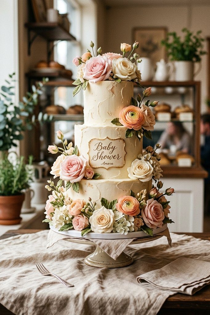 A three-tier naked cake adorned with cascading fresh pink roses, white ranunculus, and green eucalyptus leaves
