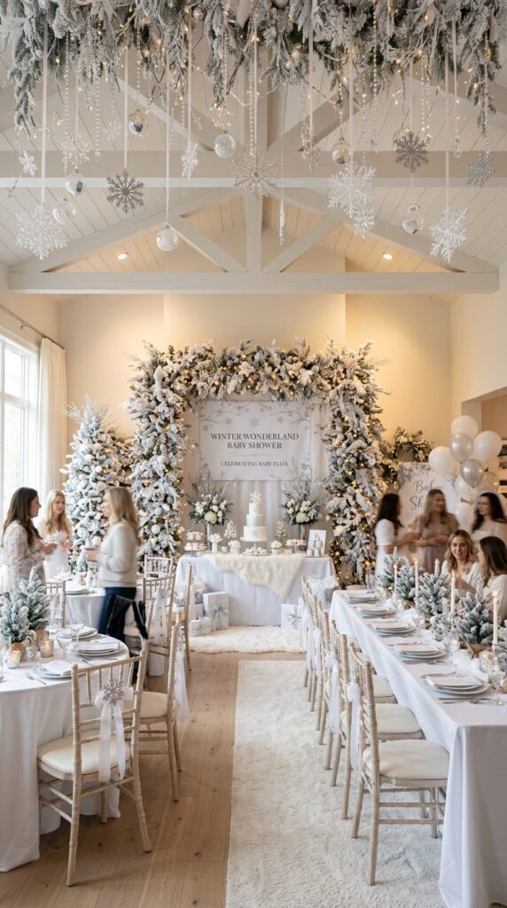 A stunning winter wonderland baby shower layout with frosted artificial trees, hanging snowflakes, and white balloon arches