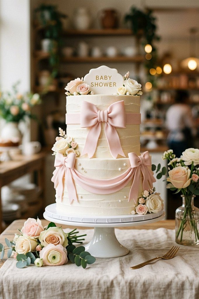 A chic pastel pink baby shower cake decorated with edible white fondant bows and delicate pearl detailing