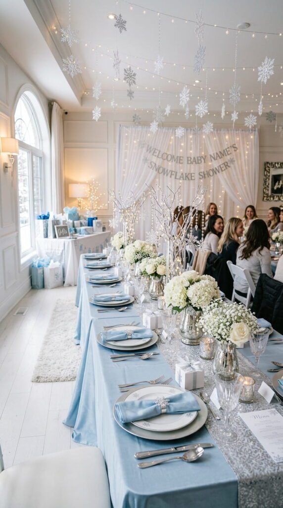 A soft blue and white winter baby shower display with shimmering snowflake hanging decorations and white tablecloths