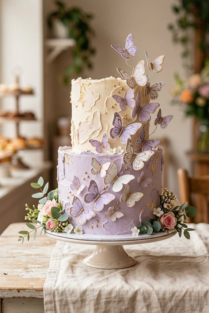 A white buttercream cake featuring delicate pastel lavender and pink edible butterflies that appear to be flying up the side