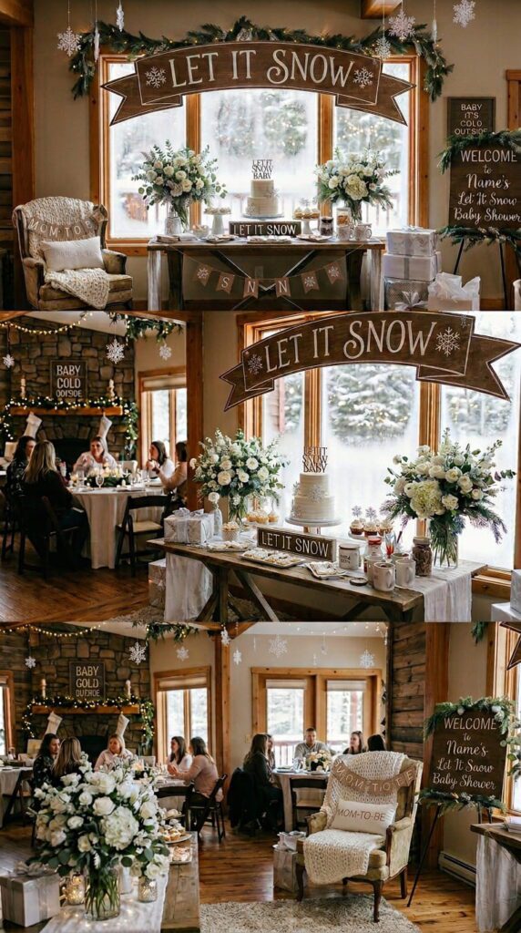 A cozy winter baby shower setting with artificial snow, white floral arrangements, and wooden lanterns on the table
