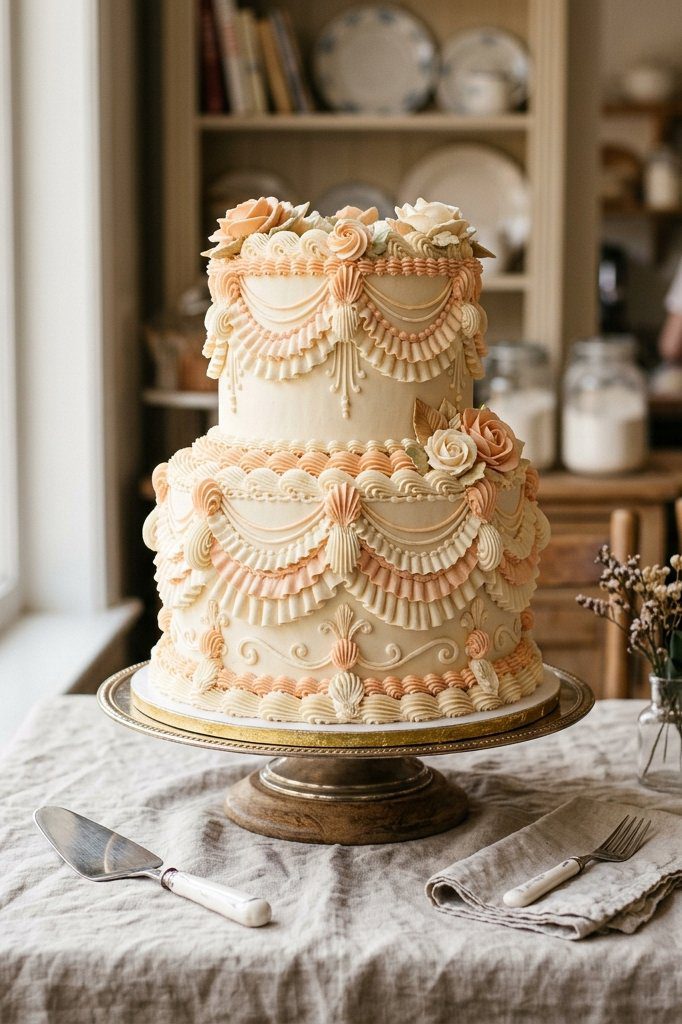 An elegant vintage-style round cake with detailed white Lambeth piped borders and small pink sugar roses
