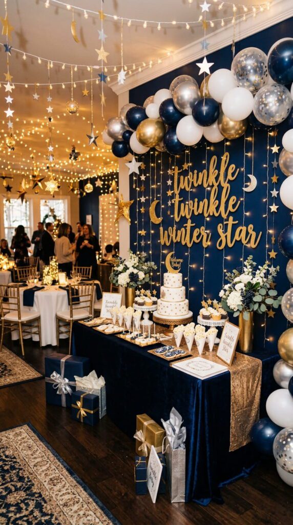 A celestial winter baby shower theme with gold star hanging decorations, dark blue backdrops, and warm lighting
