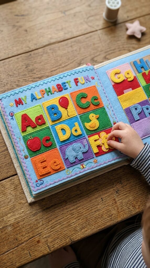 A felt quiet book page featuring the alphabet with letters attached using Velcro tape