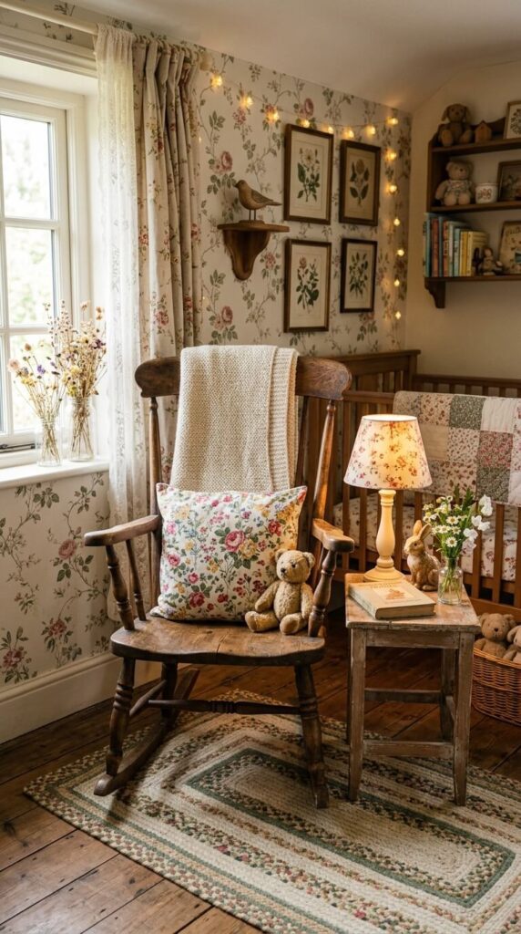 A vintage wooden rocking chair with a cream tie-on linen cushion in a sunlit corner next to a side table