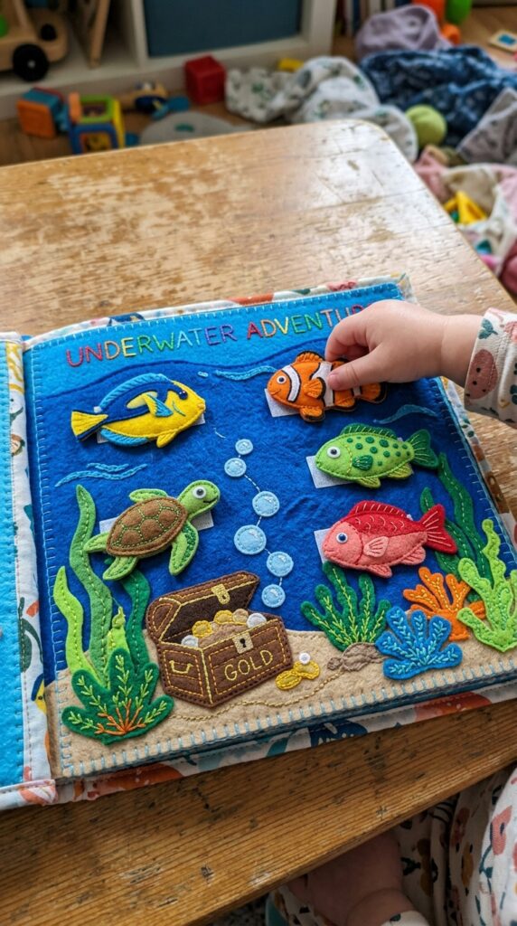An underwater quiet book scene with felt sea animals like fish and turtles swimming around