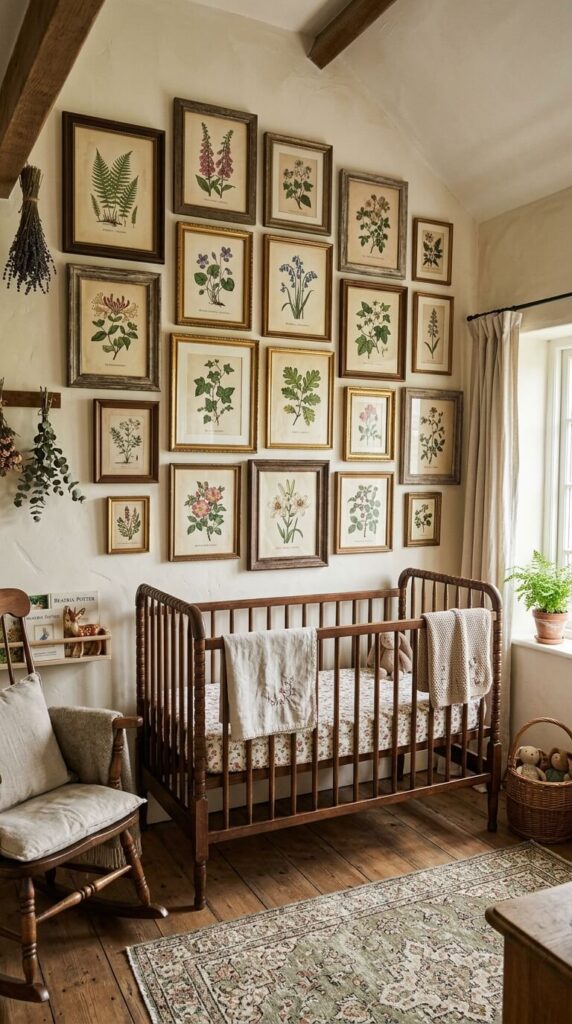 A neat gallery wall of nine framed vintage botanical fern prints on a neutral beige nursery wall
