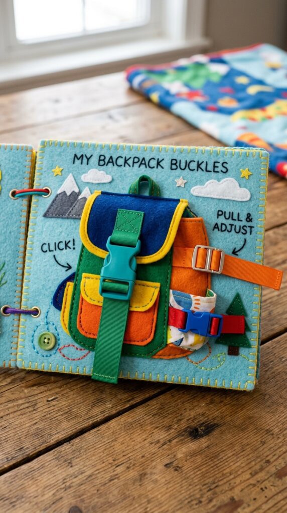 A quiet book page with three adjustable plastic buckles sewn onto colorful straps