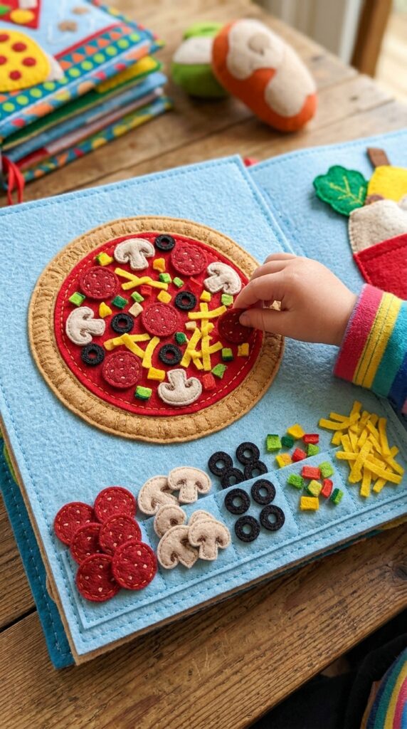 A felt quiet book page showing a large pizza crust with separate toppings like mushrooms and pepperoni