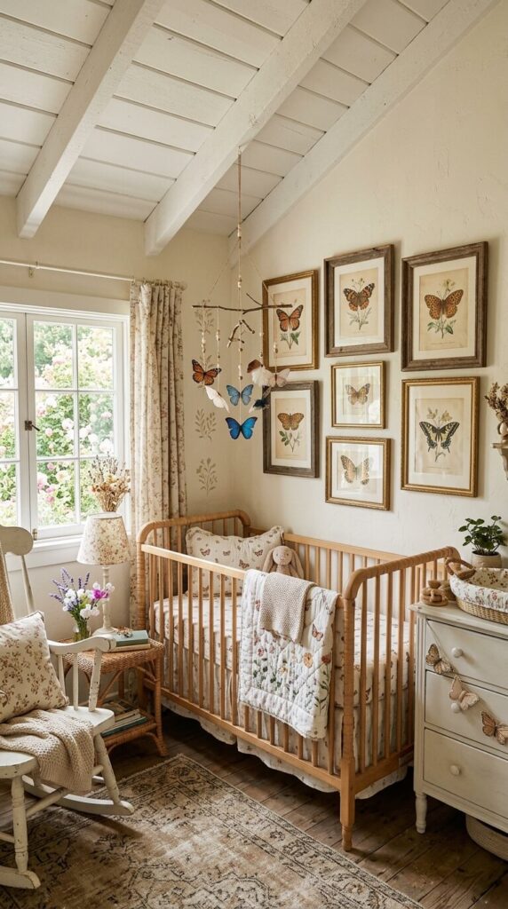 Framed vintage butterfly collection prints hanging on a soft beige nursery wall