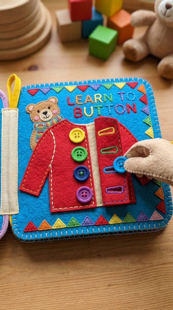 A felt quiet book page featuring flowers with button centers and buttonholes in the petals