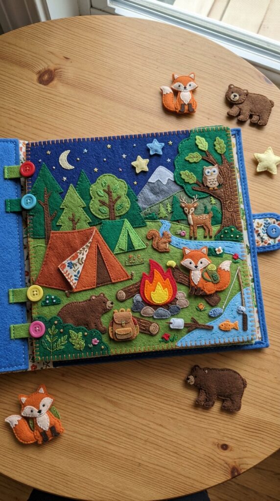 A cozy camping quiet book page featuring a felt tent, campfire logs, and a starry sky