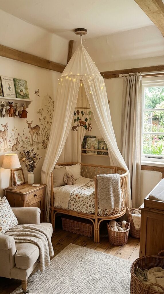 A sheer linen canopy draped in a cozy corner reading nook with cushions on the floor