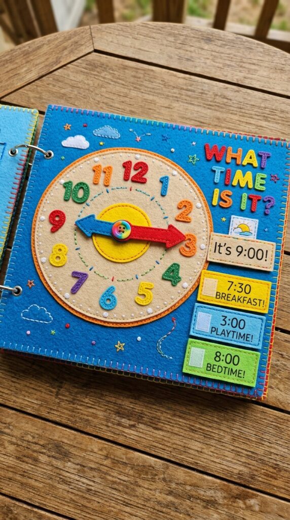 A felt clock page in a quiet book with numbers and movable hour and minute hands