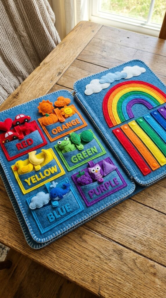 A colorful felt pocket sorting page in a quiet book with red, blue, and yellow sections