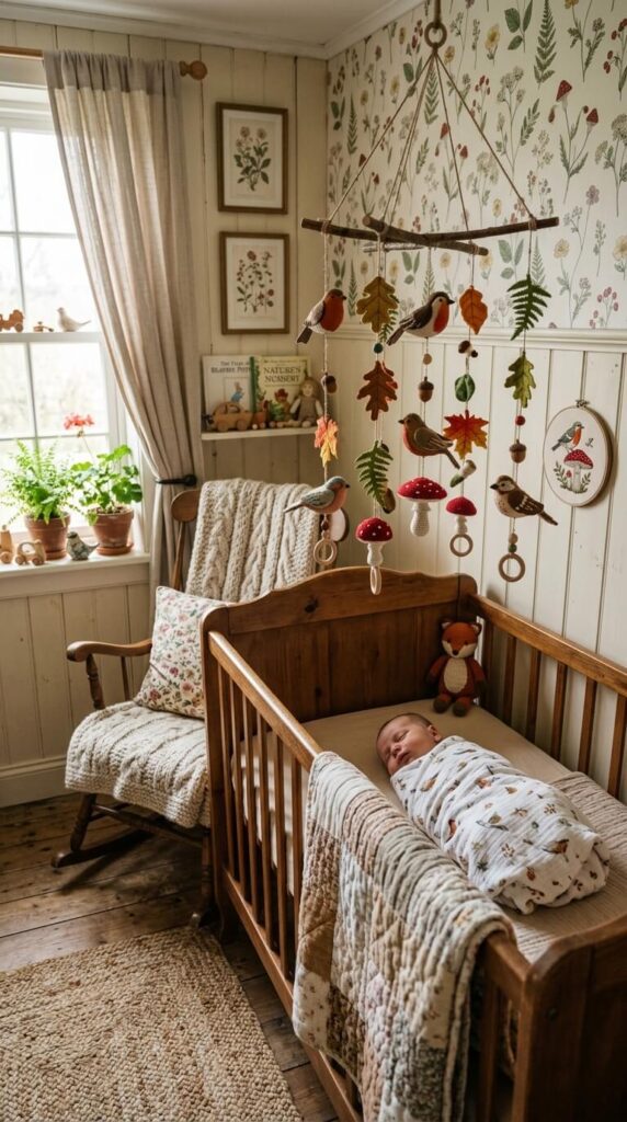 A handmade felt baby mobile with soft birds and green leaves hanging high
