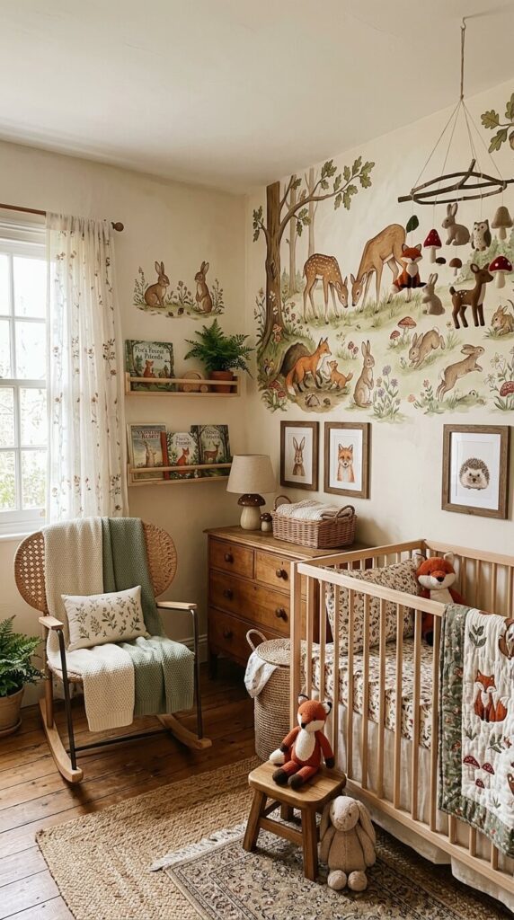 A light oak framed watercolor print of a baby rabbit sitting on a dresser next to a wooden toy
