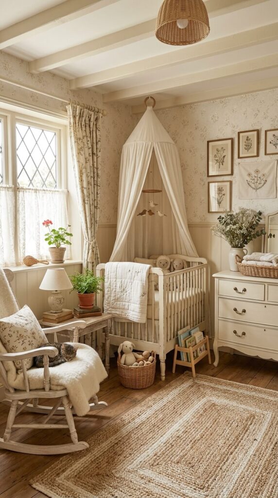 A bright nursery with warm ivory walls cream linen curtains and a light wooden crib
