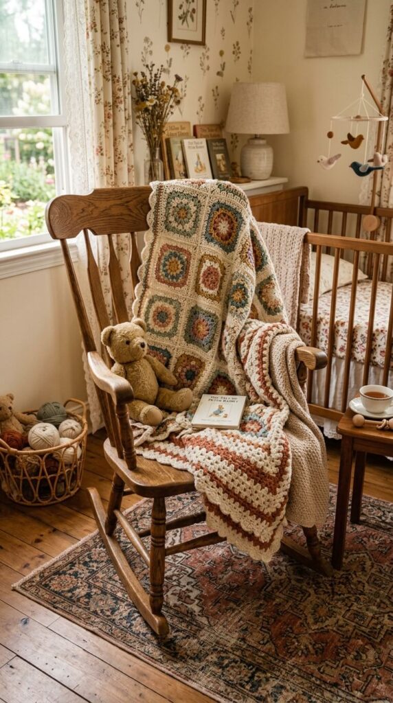 A detail shot of a soft hand-crocheted cream baby blanket resting over the arm of a chair