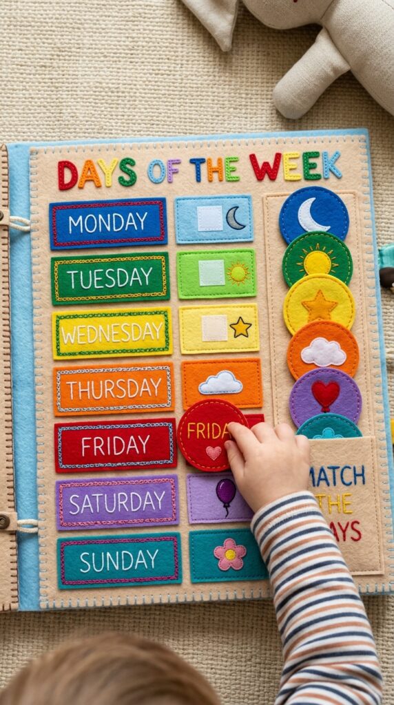 A felt quiet book page listing the days of the week with a movable red arrow pointer