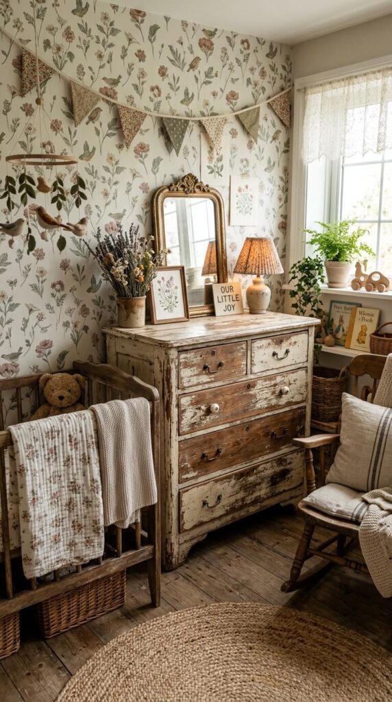 A distressed pine wood dresser with ornate drawer fronts and warm brass hardware