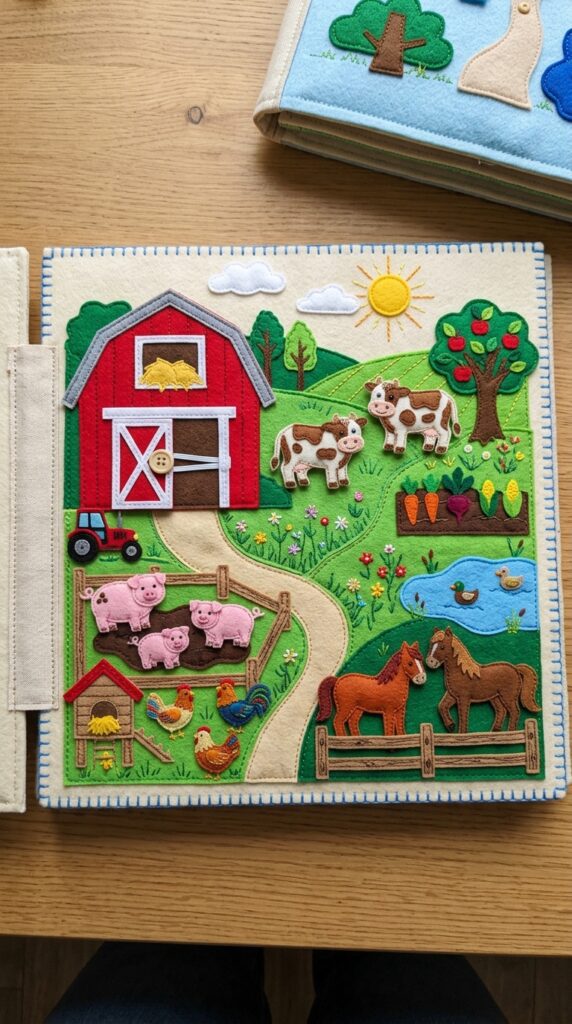 A felt barn quiet book page with small farm animal finger puppets like pigs and cows