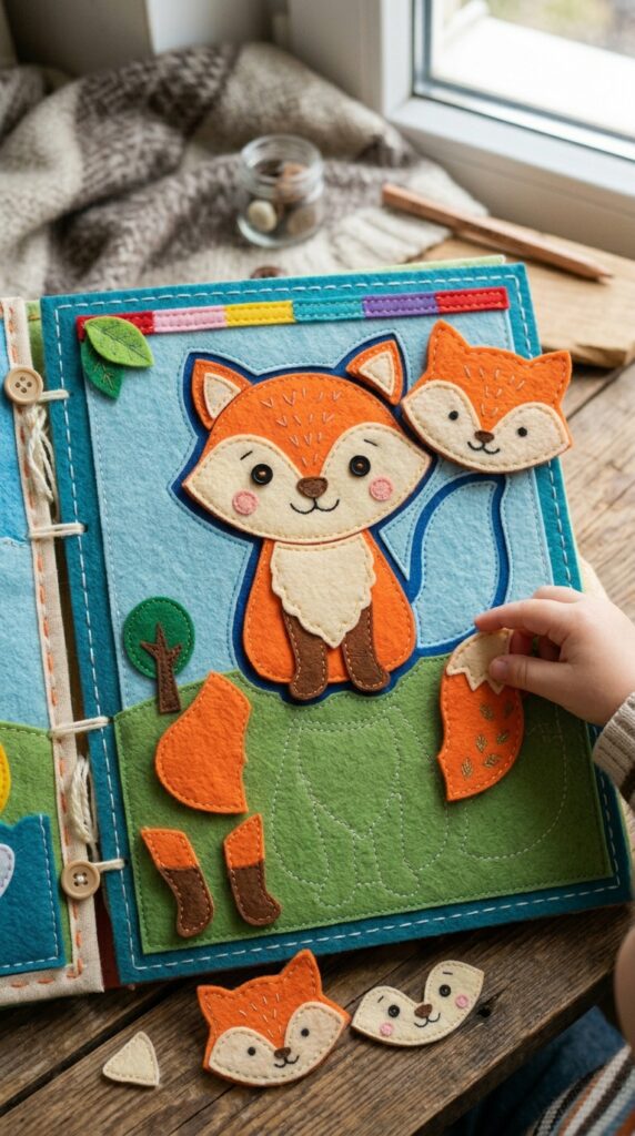 A simple four-piece felt puzzle page in a quiet book creating a picture of a sailboat