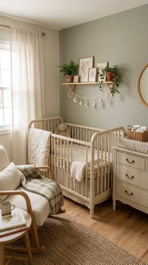 A natural wood crib with a bare mattress fitted in a soft sage green floral pattern sheet