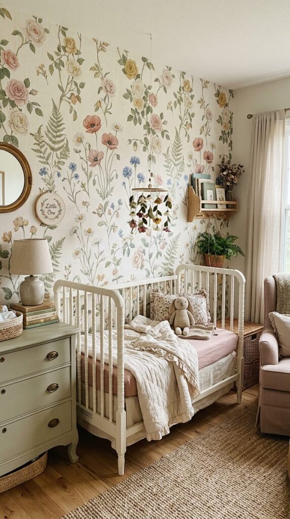 Delicate vintage-style floral wallpaper featuring warm botanical details behind a wooden crib