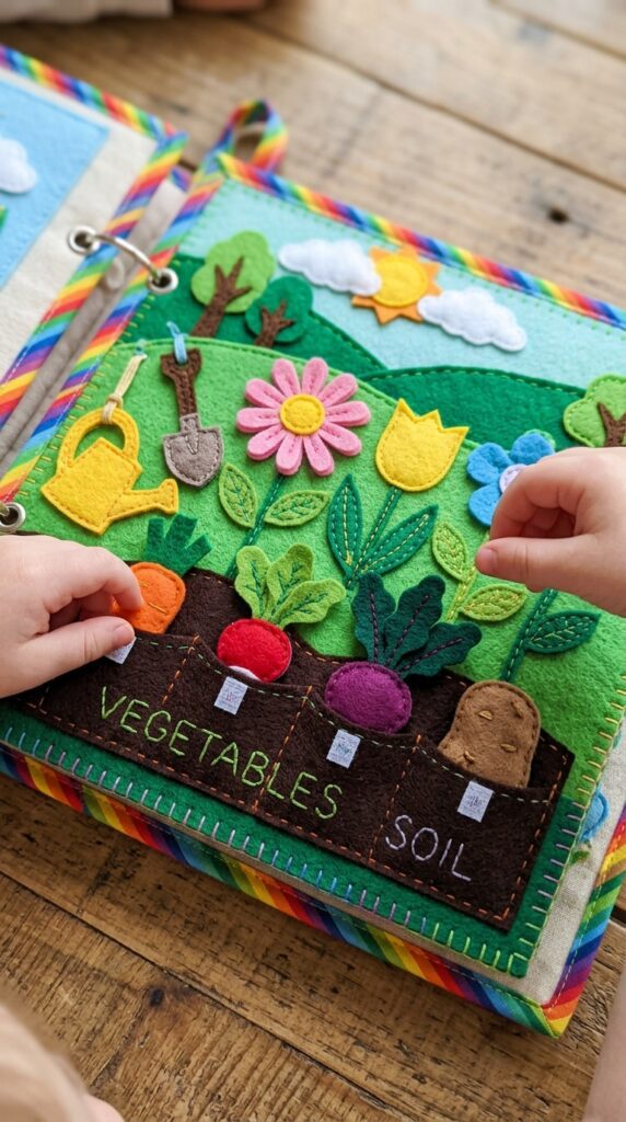 A garden quiet book page with brown felt soil pockets and removable vegetables like carrots and radishes