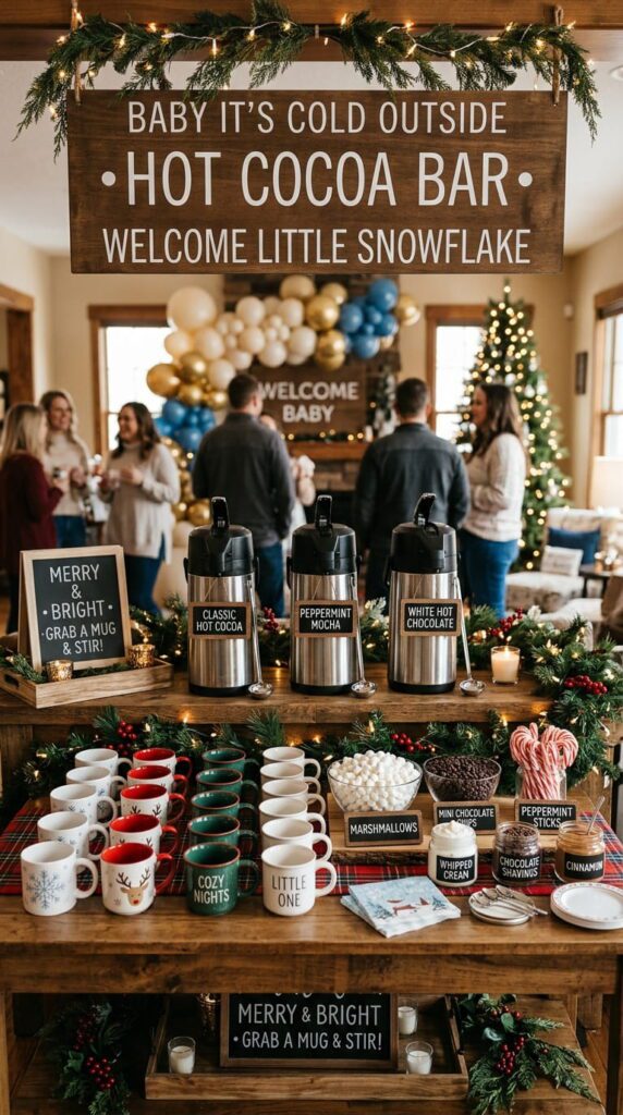 A hot cocoa bar station at a winter baby shower featuring marshmallows, peppermint sticks, and personalized cups