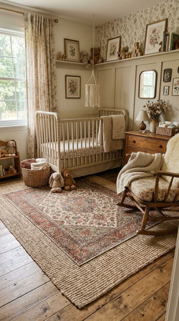 A vintage patterned red and beige rug layered over a natural woven jute rug on a hardwood floor