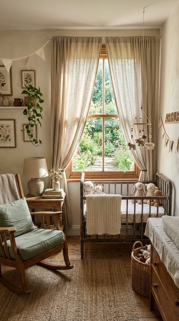 Textured oatmeal colored linen curtains hanging beside a large window in a sunlit nursery