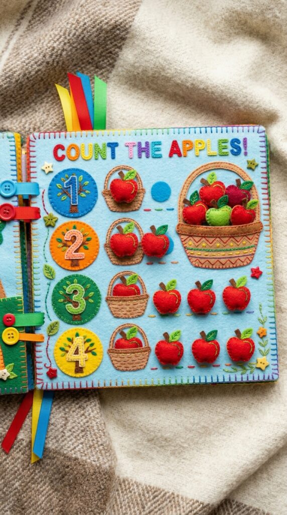 A number counting felt book page showing apples on a tree with matching numbers