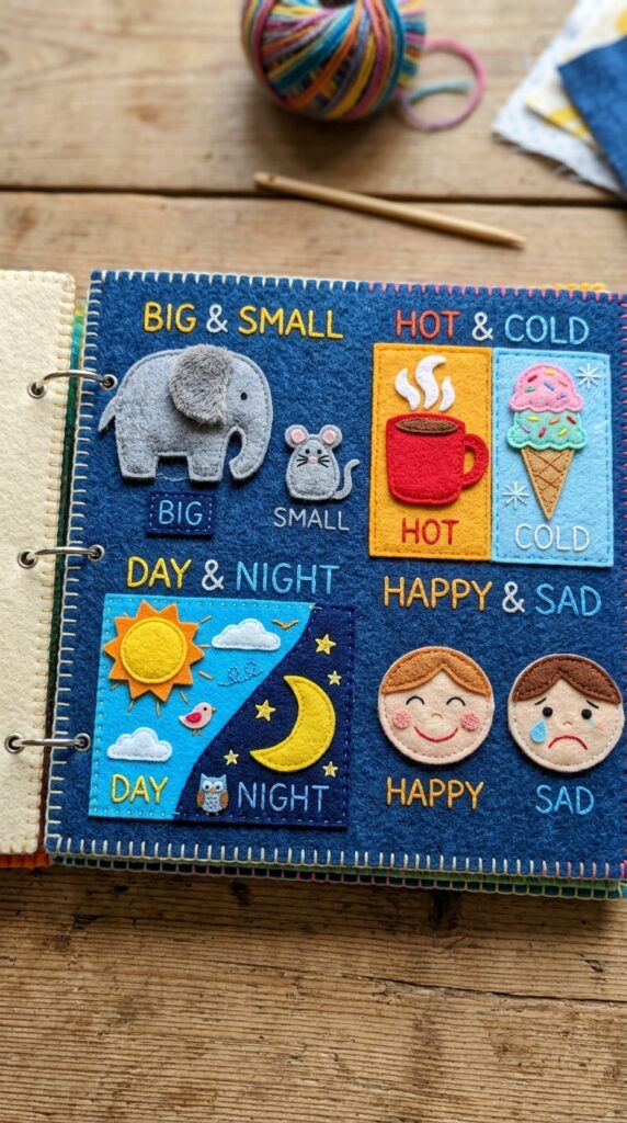 A quiet book page demonstrating opposites like open and closed doors using felt pockets