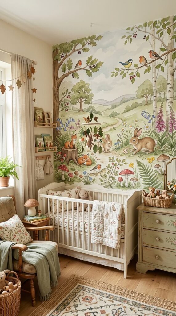 A hand-painted watercolor forest mural on a nursery wall showing trees and forest animals
