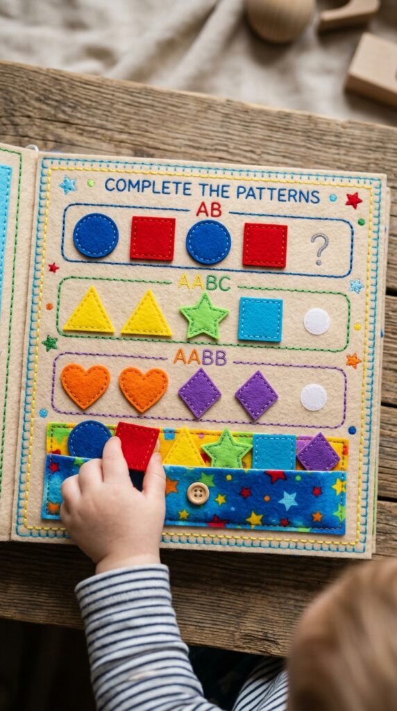 A pattern recognition quiet book page with repeating rows of felt stars and circles