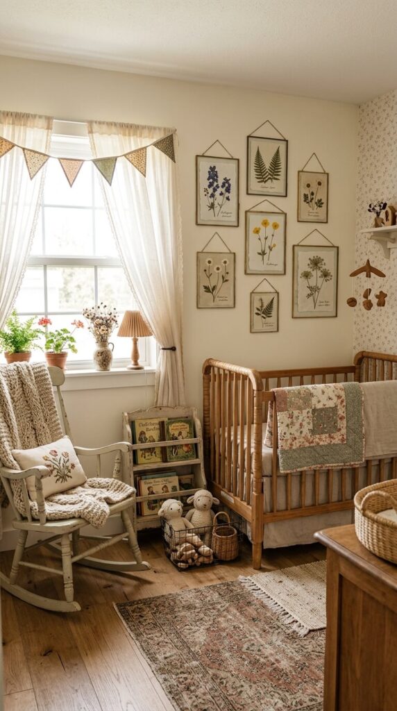 Real pressed wildflowers and green ferns arranged in a double glass frame hanging on a wall