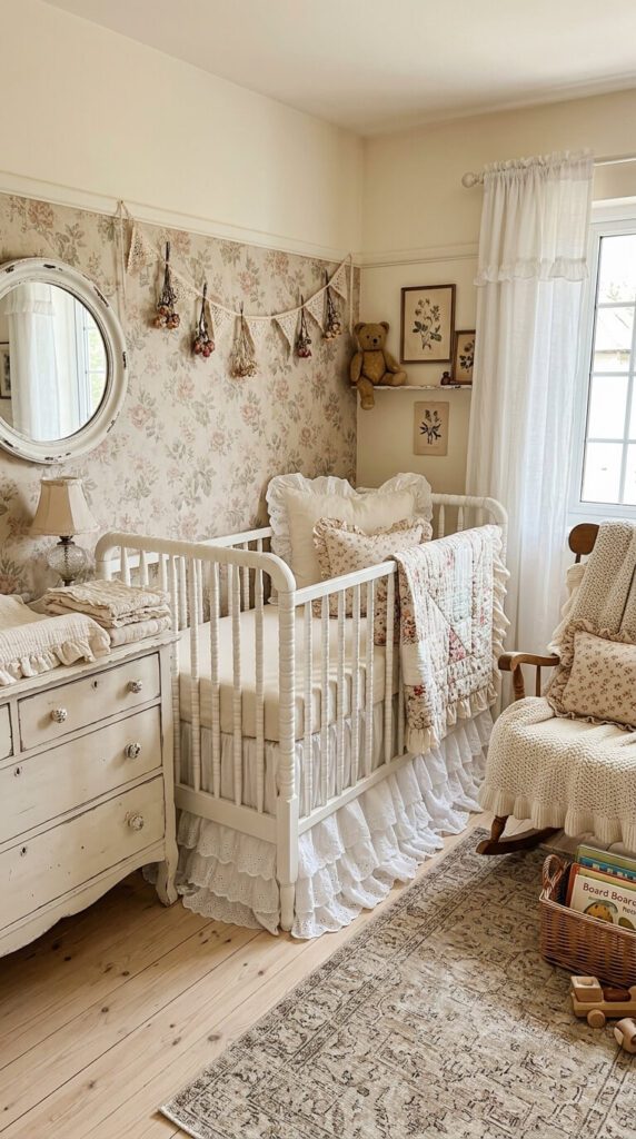 Soft pink linen cushions with delicate ruffled borders resting on a wooden changing table