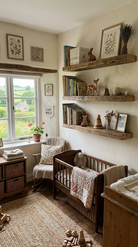 Two rustic live edge wooden floating shelves mounted on a wall displaying small keepsakes