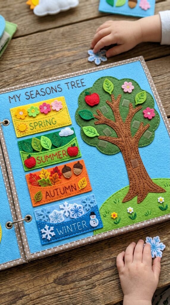 A quiet book tree page with separate blossoms, leaves, and snowflakes to match the seasons