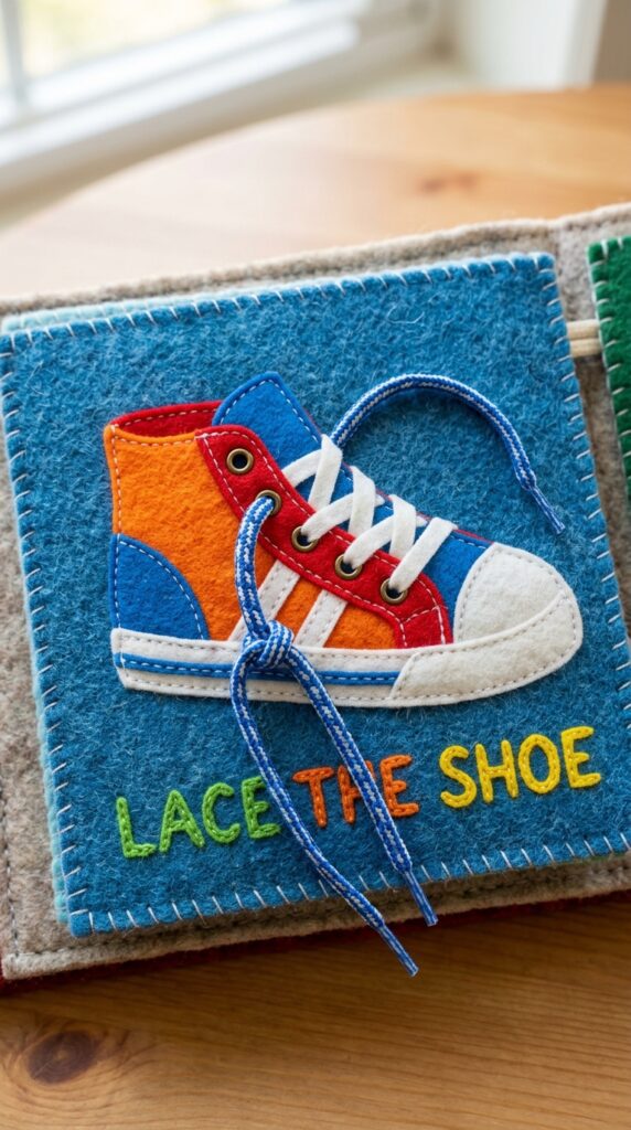 A felt quiet book page with a cute shoe shape laced with a real shoelace for tying practice